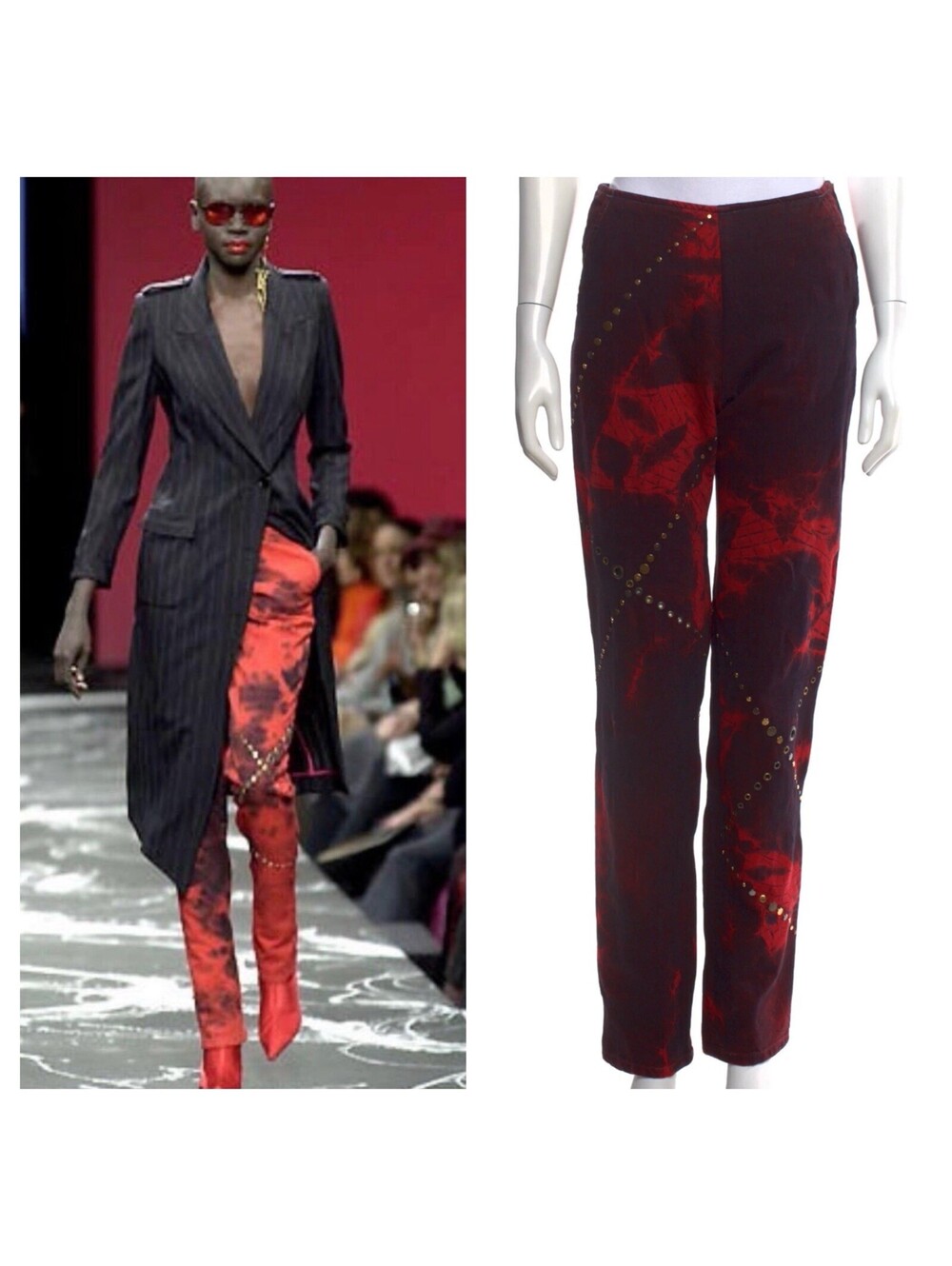 Emanuel Ungaro Runway Rare F/W 2000 Studded Red Tie Dye Y2K Jeans